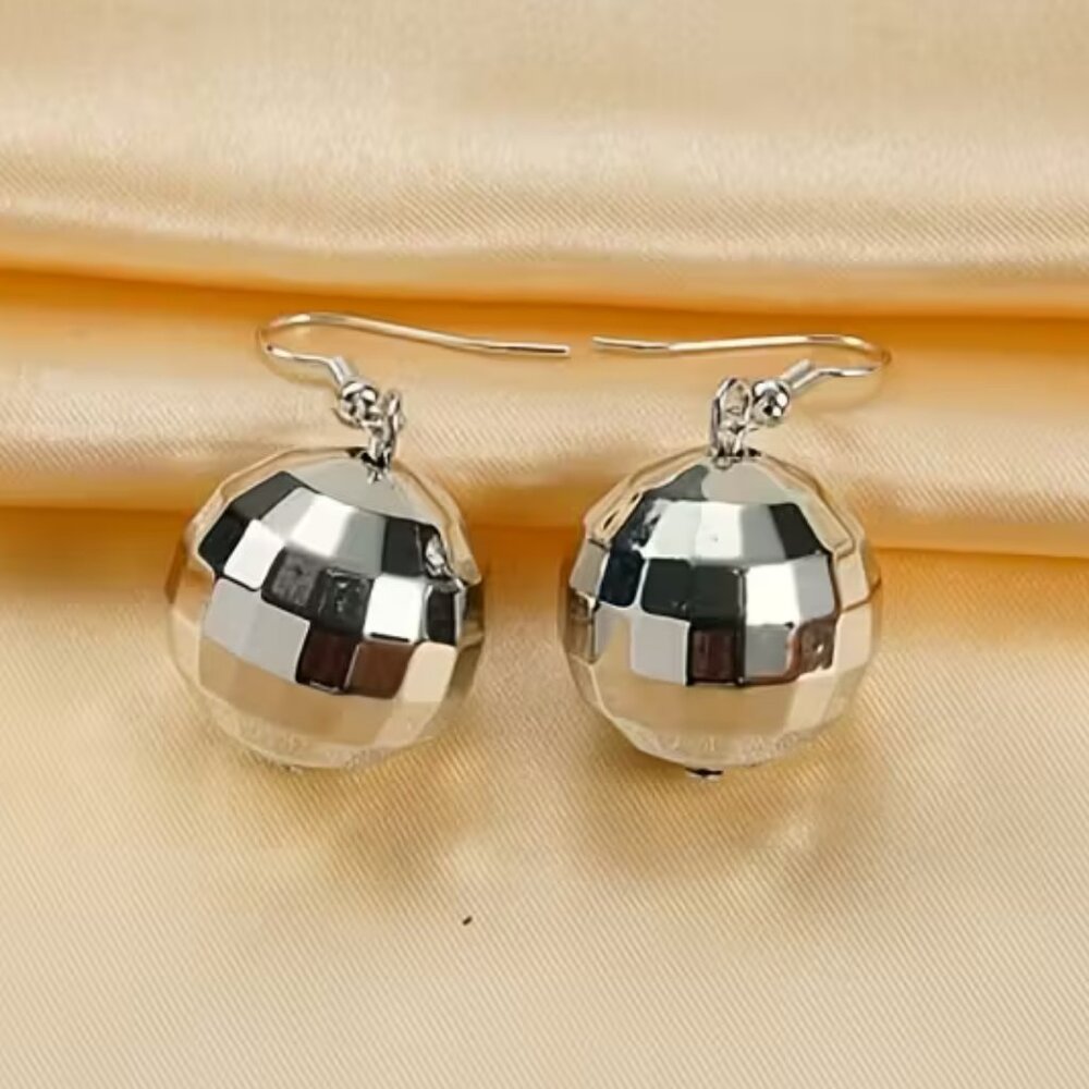 NEW Silver Metal Disco Ball Earrings